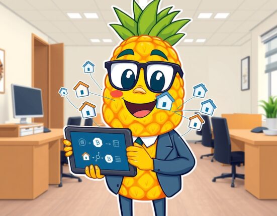 Pineapple Financial migrating mortgage data to Injective blockchain shown as a vibrant cartoon illustration of data security and fintech innovation.