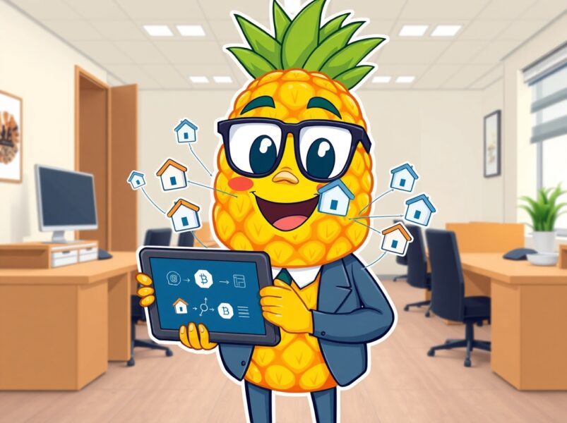 Pineapple Financial migrating mortgage data to Injective blockchain shown as a vibrant cartoon illustration of data security and fintech innovation.