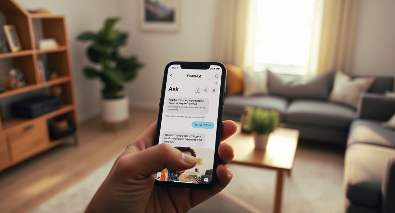 Person using the Ask Pinterest AI shopping app on a smartphone in a bright living room