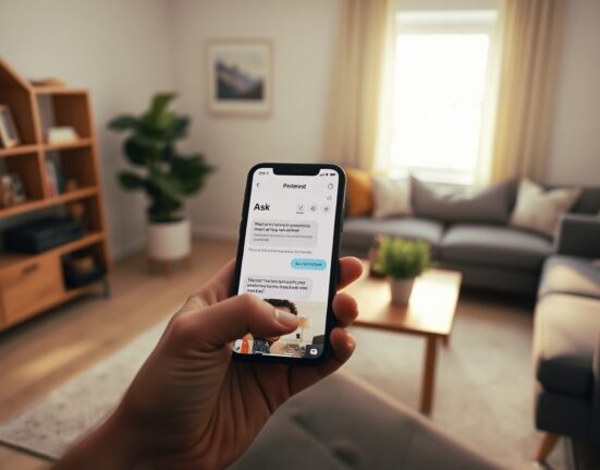 Person using the Ask Pinterest AI shopping app on a smartphone in a bright living room