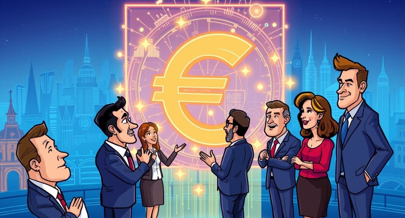 European bank executives collaborating on the development of a euro-based stablecoin, symbolizing strategic financial innovation.