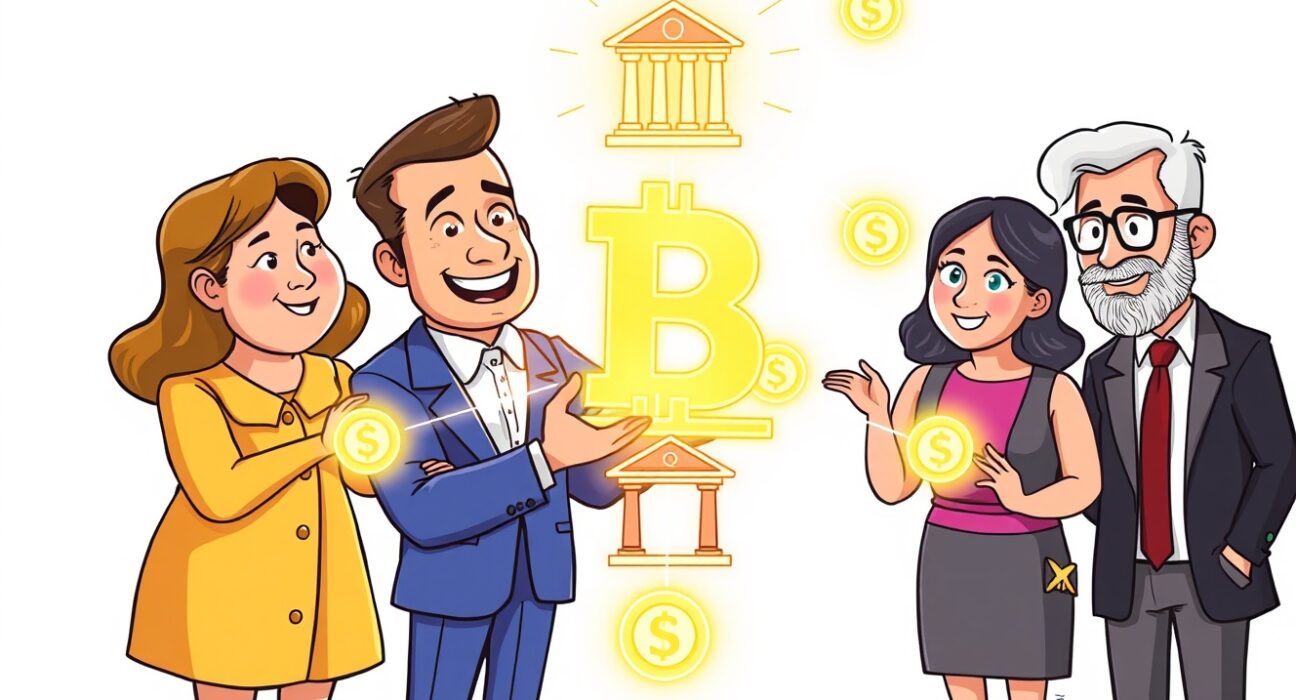Cartoon illustration of bankers collaborating on a secure interbank blockchain payment network, symbolizing innovation in finance.