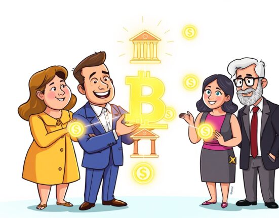 Cartoon illustration of bankers collaborating on a secure interbank blockchain payment network, symbolizing innovation in finance.