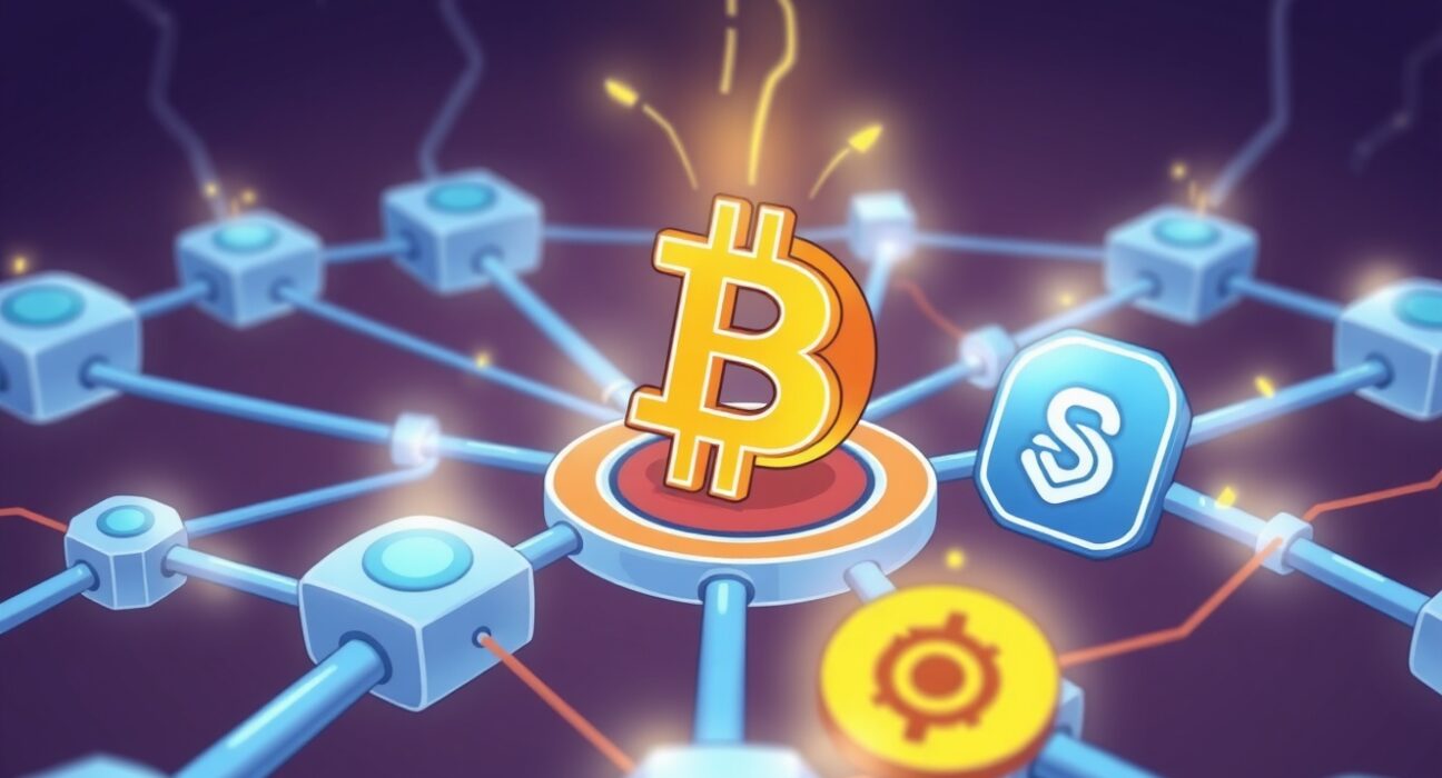 A cartoon illustration symbolizing the secure cross-chain integration of Lombard Bitcoin with Chainlink and Symbiotic for enhanced DeFi.