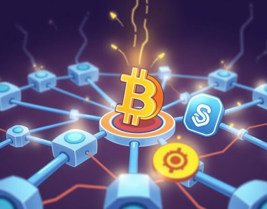 A cartoon illustration symbolizing the secure cross-chain integration of Lombard Bitcoin with Chainlink and Symbiotic for enhanced DeFi.