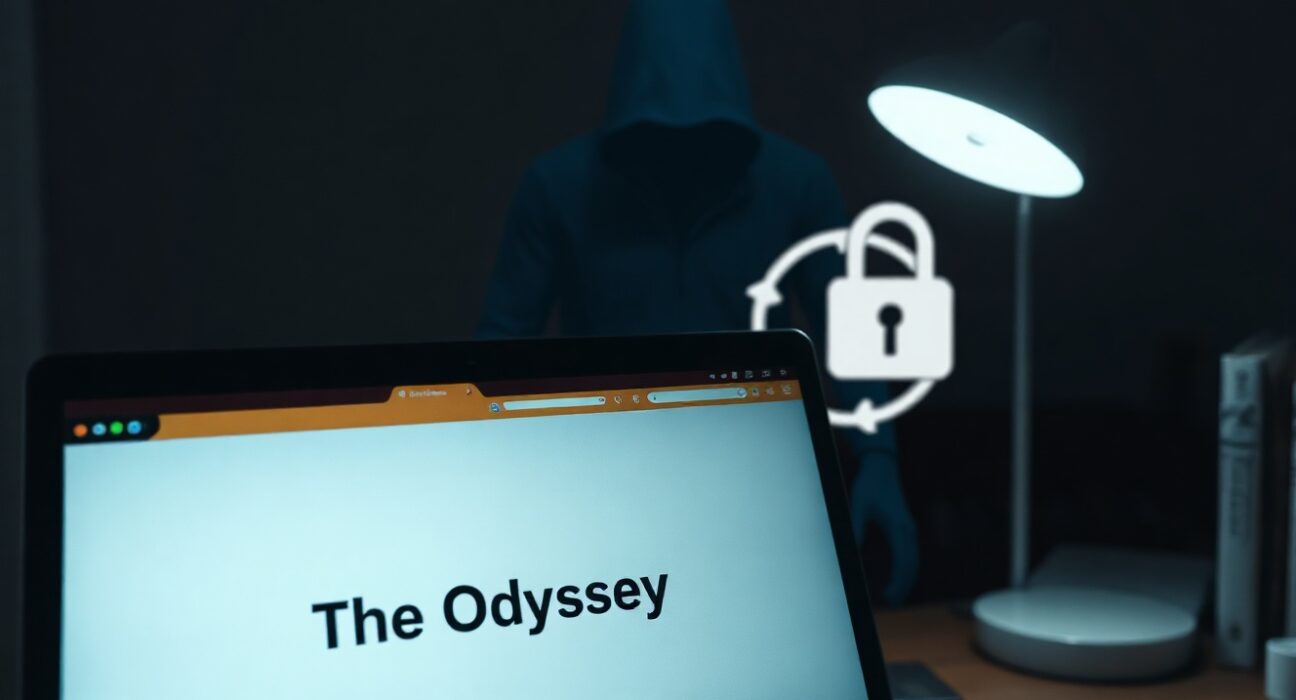 Laptop displaying a file named The Odyssey with a malware warning symbol, representing the Lumma Stealer threat.