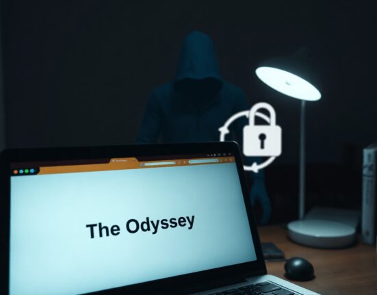 Laptop displaying a file named The Odyssey with a malware warning symbol, representing the Lumma Stealer threat.
