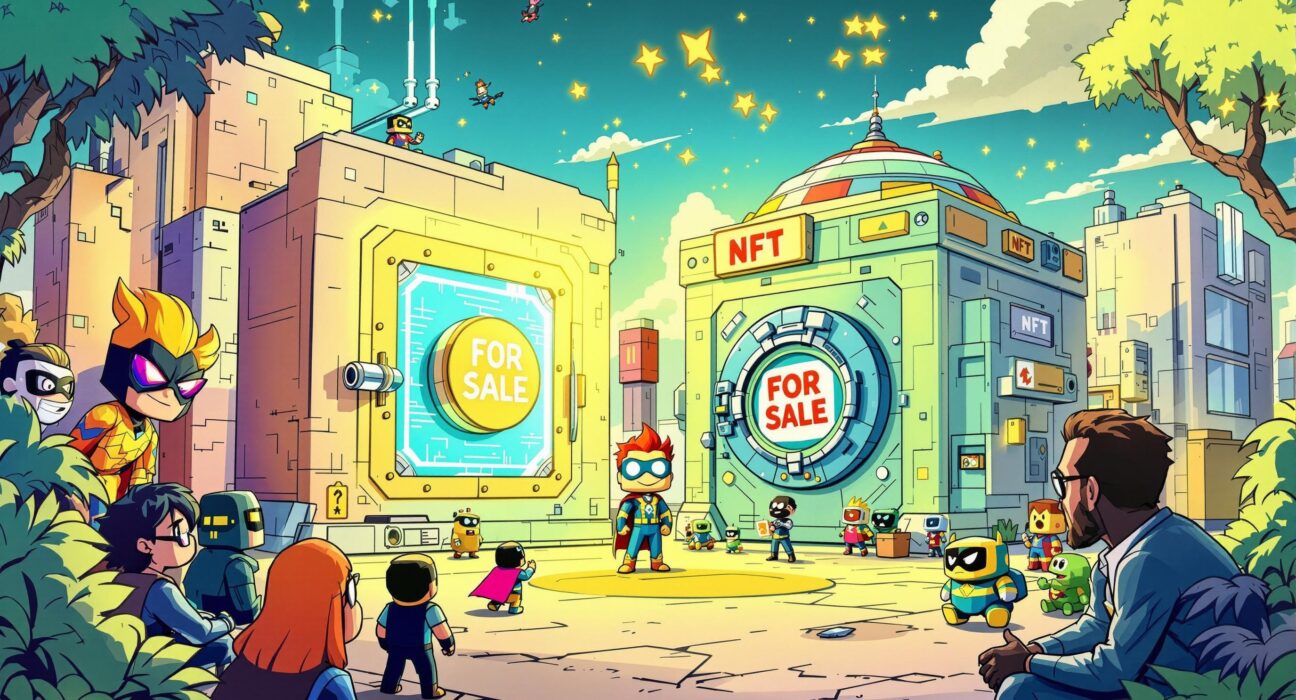 A cartoon illustration showing Pixel Vault exploring a company sale, with digital assets and characters representing a changing landscape.