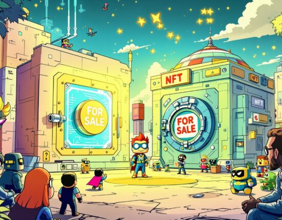 A cartoon illustration showing Pixel Vault exploring a company sale, with digital assets and characters representing a changing landscape.