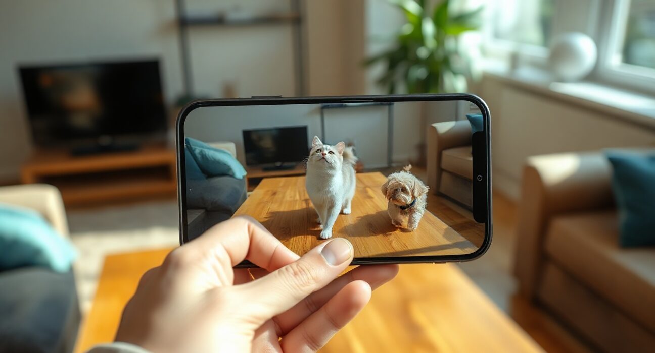iPhone showing Pixi AR cat character reacting to a real dog nearby in a sunlit room