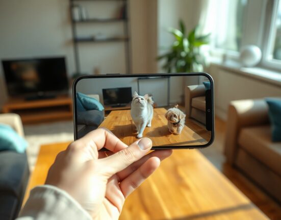 iPhone showing Pixi AR cat character reacting to a real dog nearby in a sunlit room