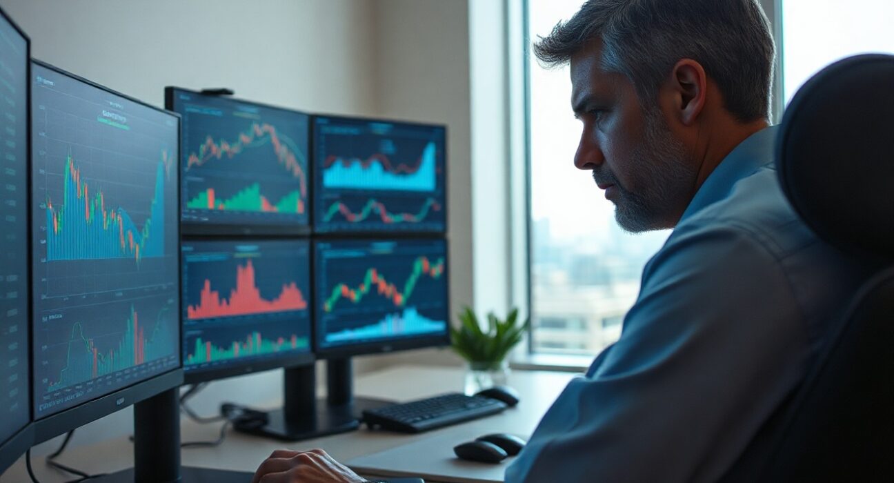 Chris Burniske of Placeholder analyzes crypto charts on multiple monitors in a modern office