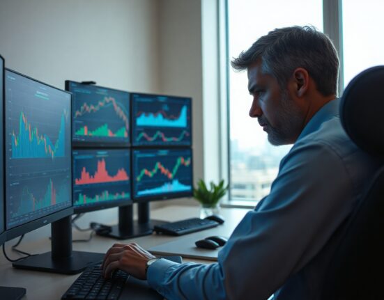Chris Burniske of Placeholder analyzes crypto charts on multiple monitors in a modern office