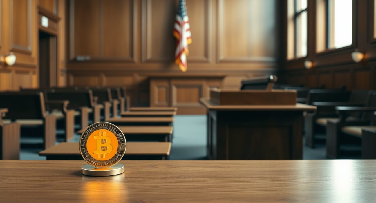 Empty courtroom with a glowing Bitcoin coin on the witness stand, symbolizing a legal dispute over cryptocurrency ownership.