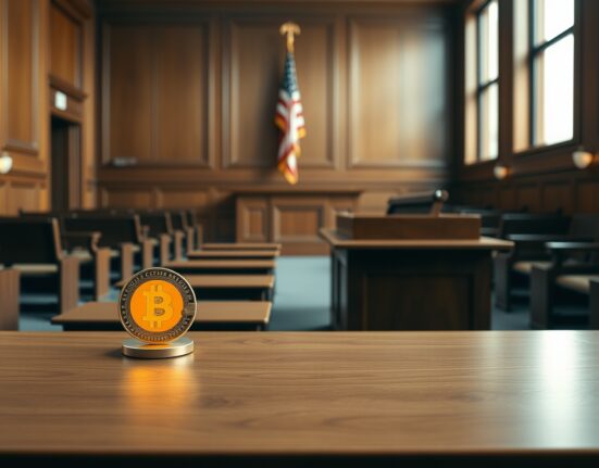 Empty courtroom with a glowing Bitcoin coin on the witness stand, symbolizing a legal dispute over cryptocurrency ownership.