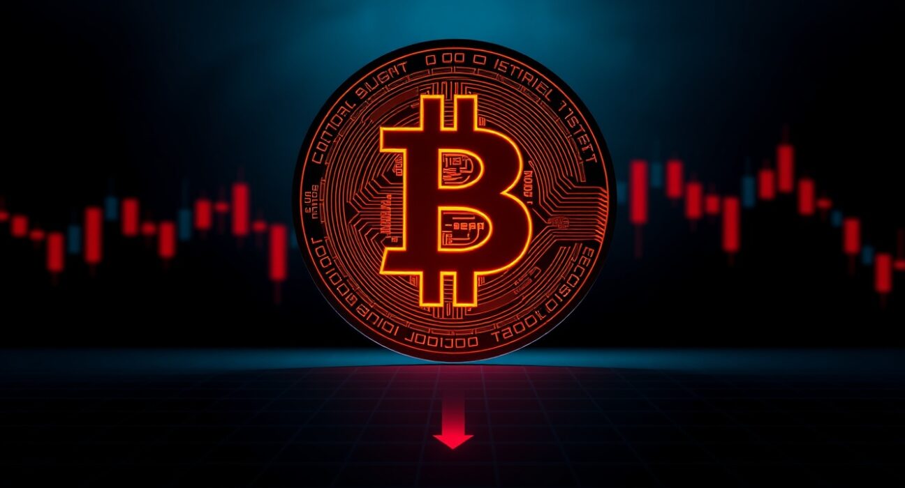 Bitcoin coin centered over dark red descending chart background, representing bearish market forecast.