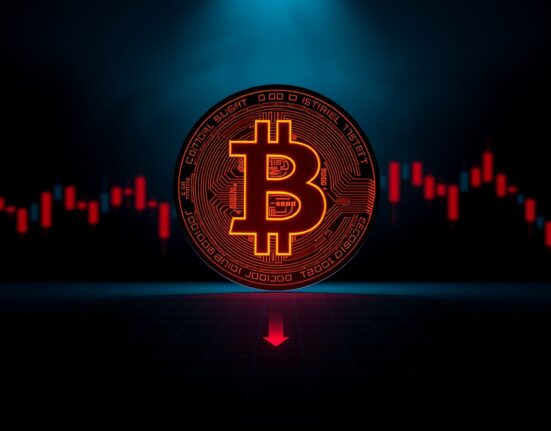 Bitcoin coin centered over dark red descending chart background, representing bearish market forecast.