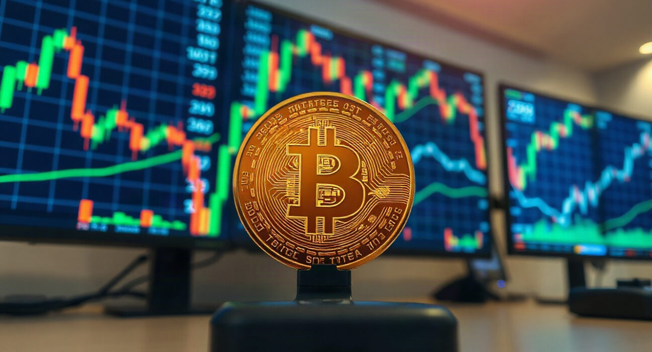 Bitcoin coin in front of financial charts, representing PlanB's market analysis