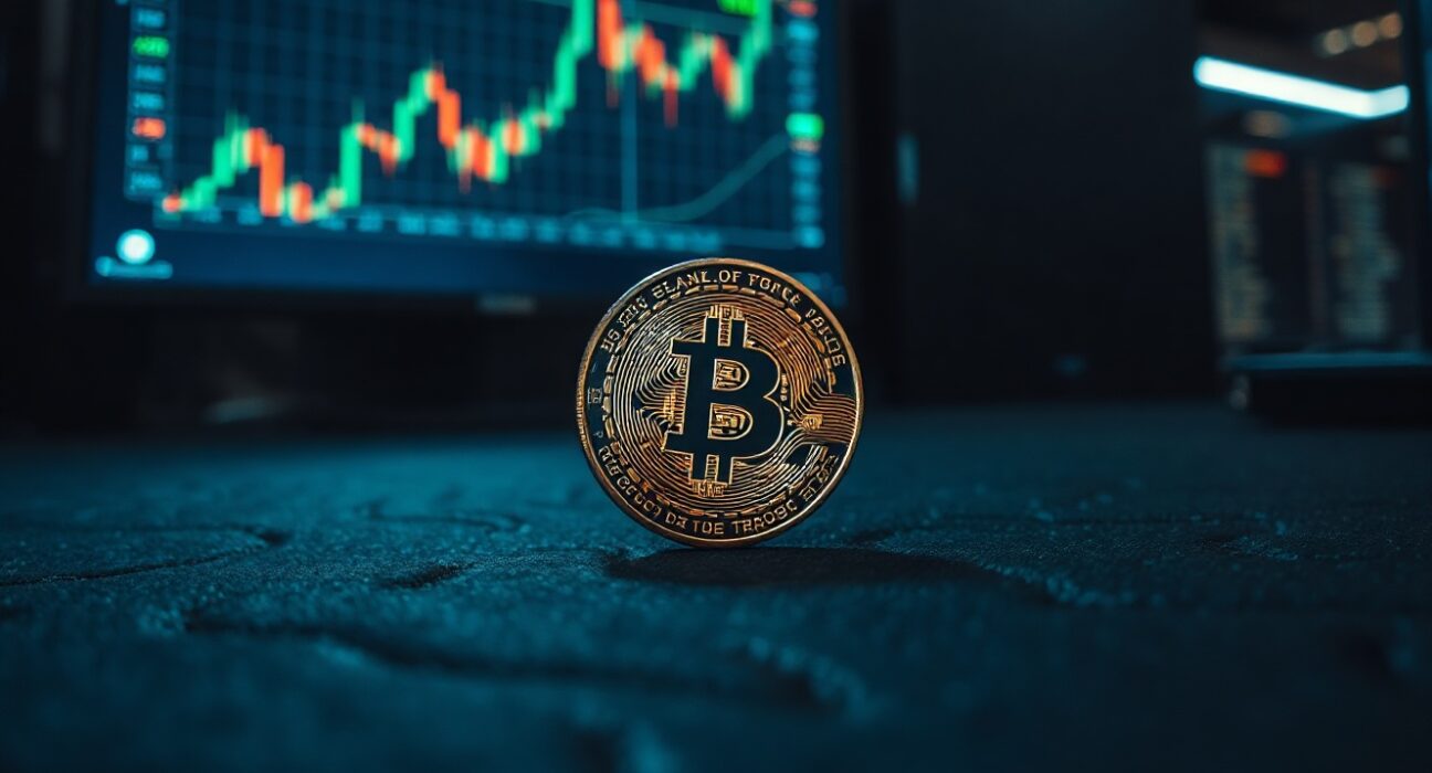 Bitcoin coin on a dark surface with a financial chart in the background, representing market analysis.