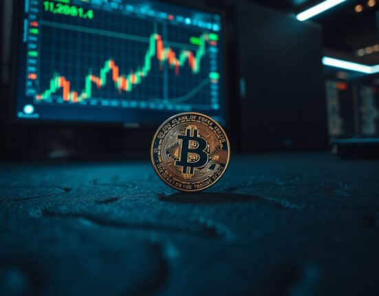 Bitcoin coin on a dark surface with a financial chart in the background, representing market analysis.