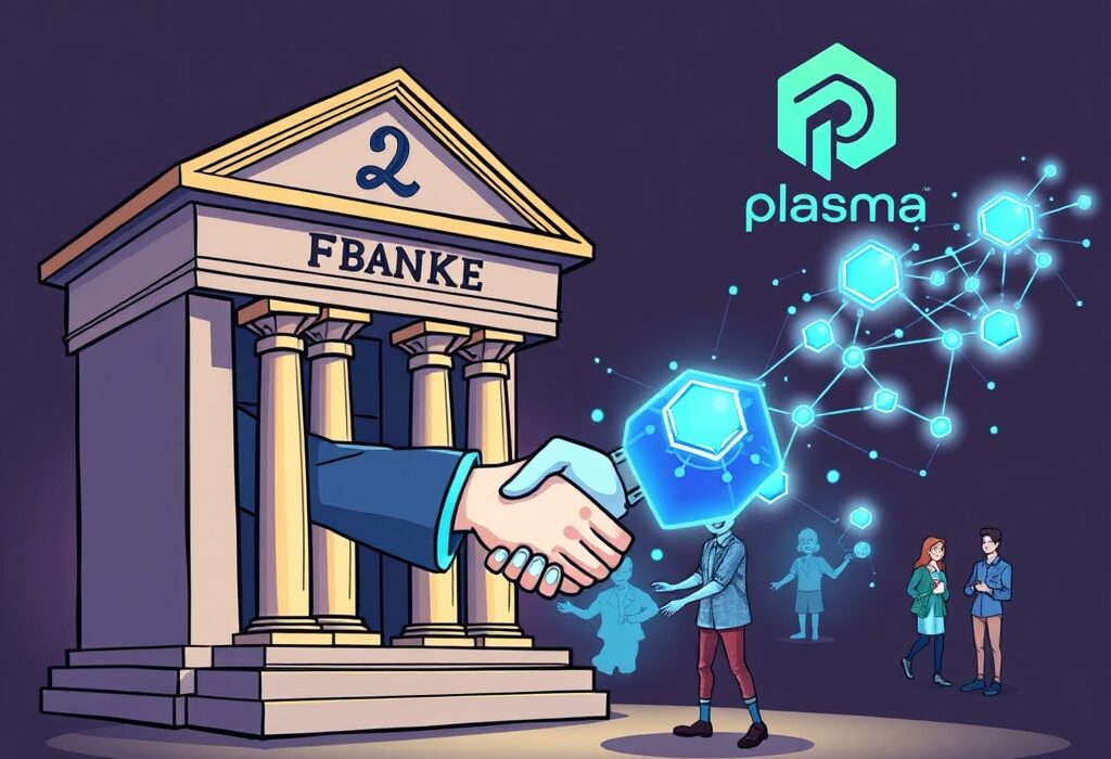 A cartoon illustration depicting an institutional crypto fund collaboration between traditional finance and decentralized finance, featuring the Plasma project.