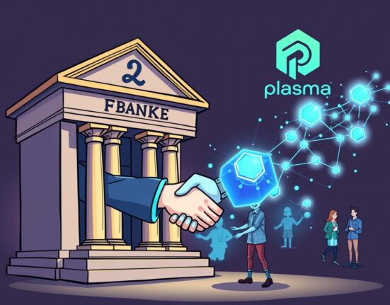 A cartoon illustration depicting an institutional crypto fund collaboration between traditional finance and decentralized finance, featuring the Plasma project.