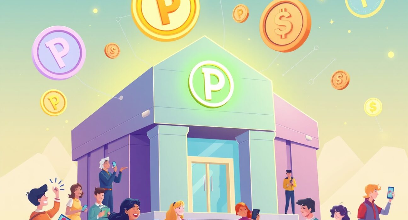 Cartoon illustration of a futuristic digital bank, symbolizing the innovative services and accessibility offered by a stablecoin neobank.