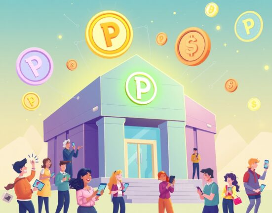 Cartoon illustration of a futuristic digital bank, symbolizing the innovative services and accessibility offered by a stablecoin neobank.