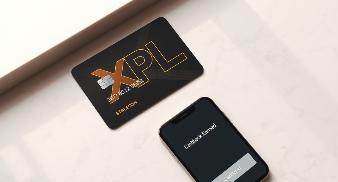 Plasma stablecoin product launch in June 2025 features a sleek debit card and mobile payment interface for crypto cashback.
