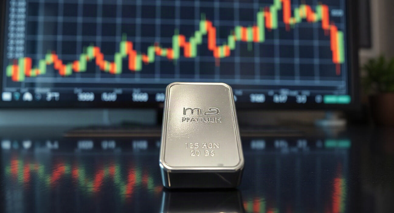 Platinum bullion bar with a candlestick chart in the background, representing market analysis.