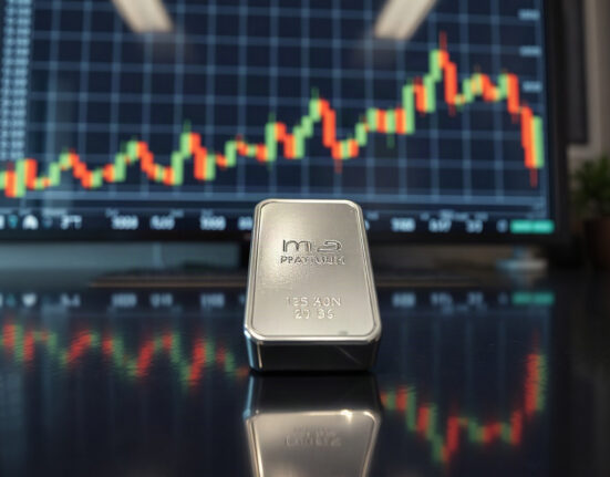 Platinum bullion bar with a candlestick chart in the background, representing market analysis.