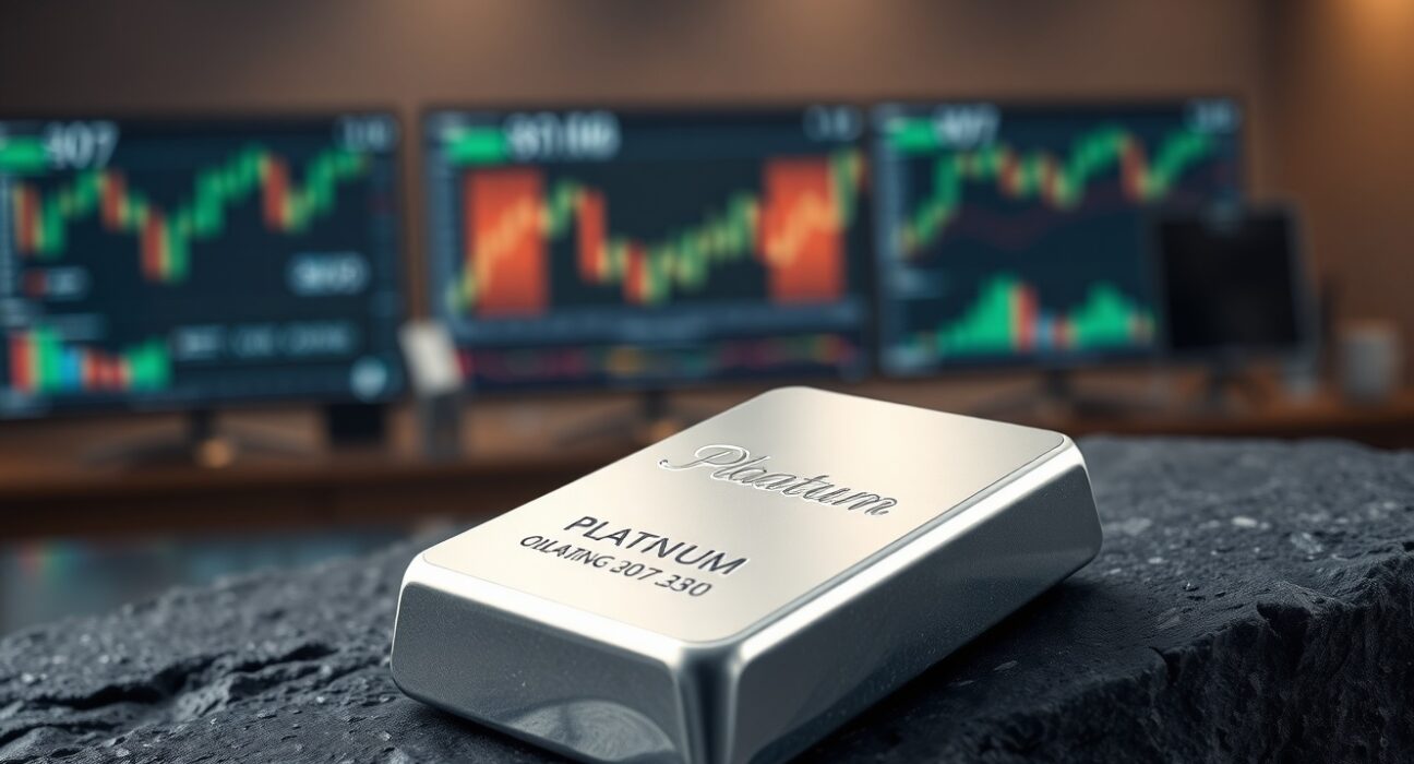 Polished platinum ingot on dark stone surface with blurred financial charts in background