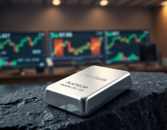 Polished platinum ingot on dark stone surface with blurred financial charts in background