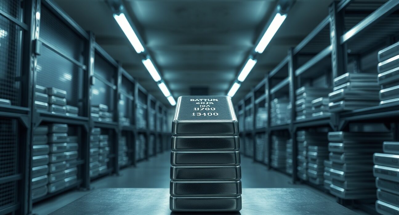 Stacked platinum bars in a secure vault representing tightening supply and inventory depletion.