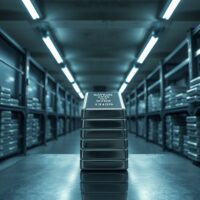 Stacked platinum bars in a secure vault representing tightening supply and inventory depletion.