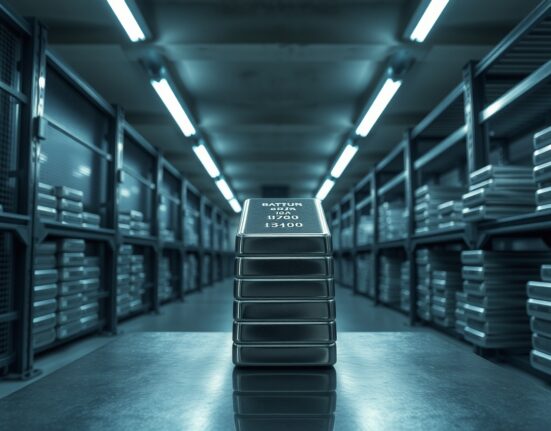 Stacked platinum bars in a secure vault representing tightening supply and inventory depletion.
