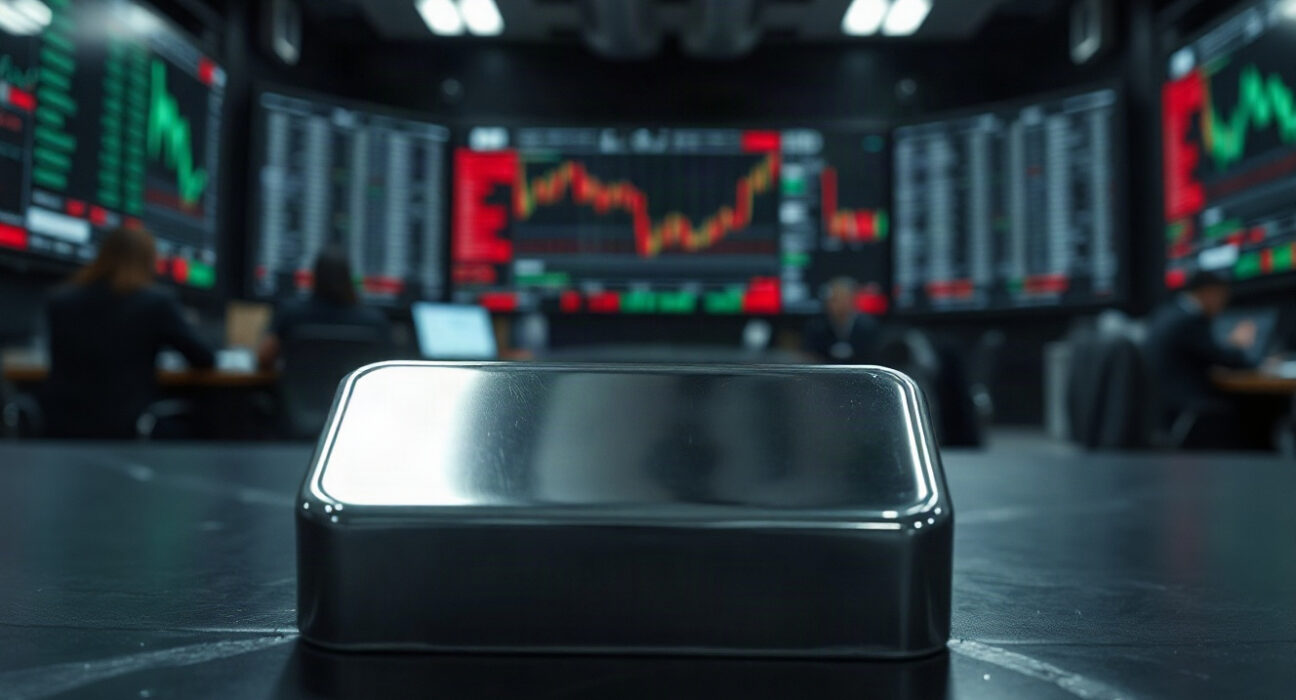 Platinum ingot on a trading desk with financial screens in the background, symbolizing investment value.