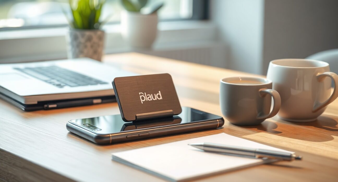 A Plaud AI notetaker device attached to the back of a smartphone on a desk in a bright office setting.