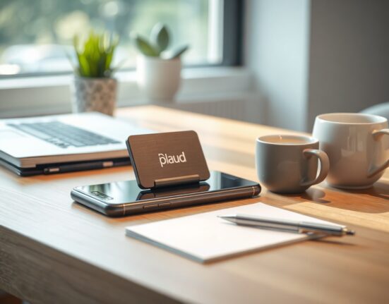 A Plaud AI notetaker device attached to the back of a smartphone on a desk in a bright office setting.