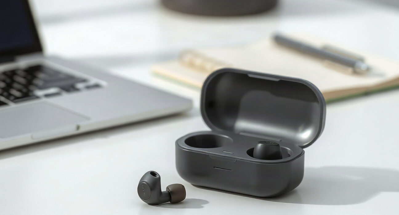 Plaud One earbuds and charging case on a desk