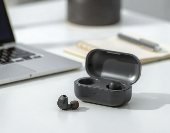 Plaud One earbuds and charging case on a desk