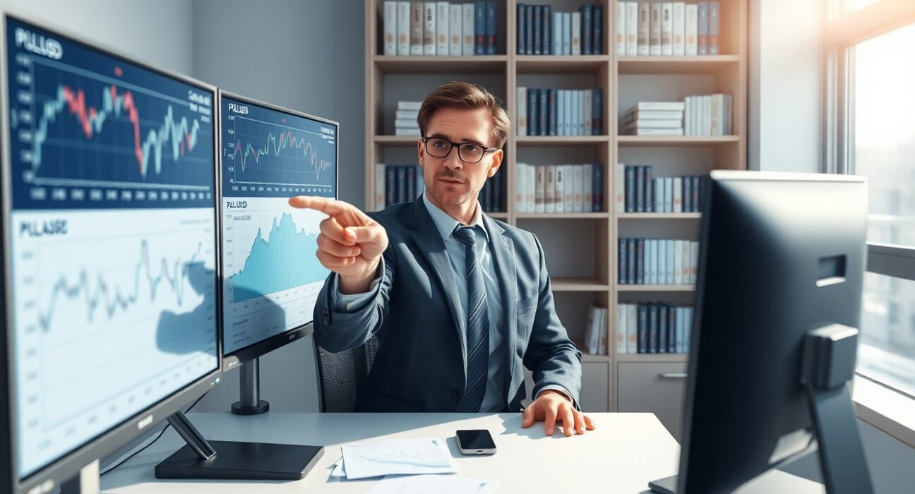Financial analyst examines Polish zloty exchange rates and inflation data charts in professional office setting