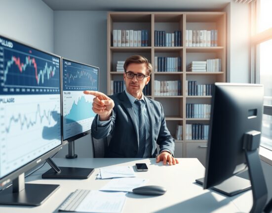 Financial analyst examines Polish zloty exchange rates and inflation data charts in professional office setting