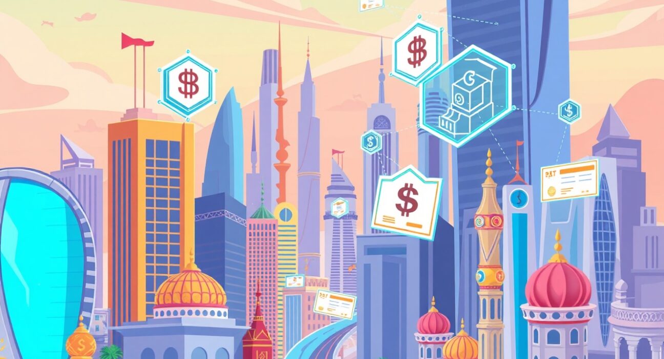 Cartoon illustration showing Plume's real-world assets blockchain connecting Middle Eastern markets with digital certificates