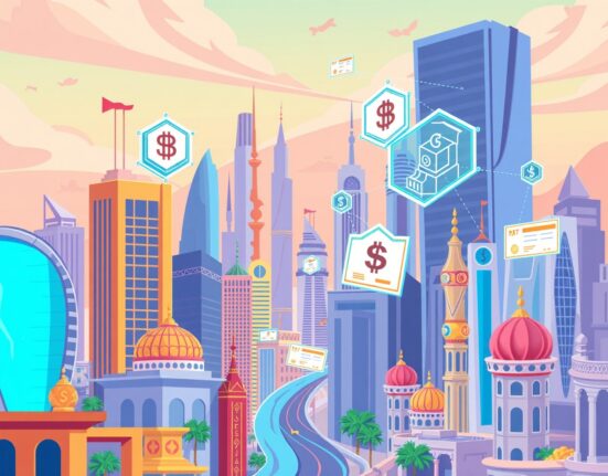 Cartoon illustration showing Plume's real-world assets blockchain connecting Middle Eastern markets with digital certificates