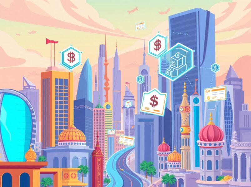 Cartoon illustration showing Plume's real-world assets blockchain connecting Middle Eastern markets with digital certificates