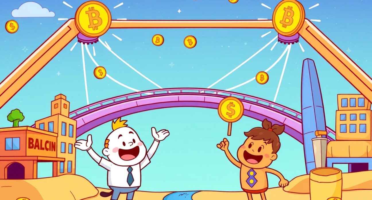 Plume blockchain connecting digital tokens to real-world assets in a vibrant cartoon illustration