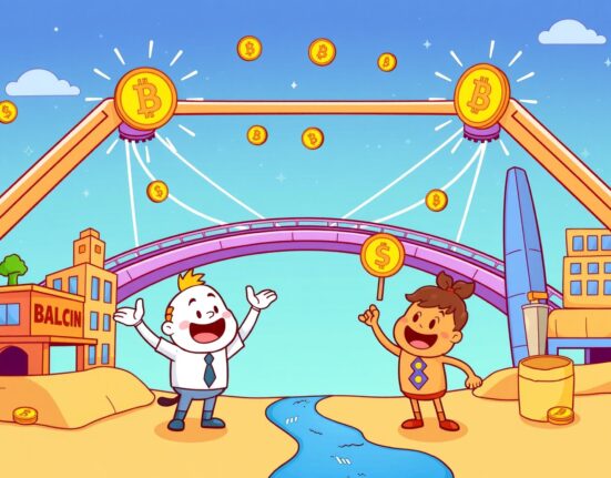 Plume blockchain connecting digital tokens to real-world assets in a vibrant cartoon illustration