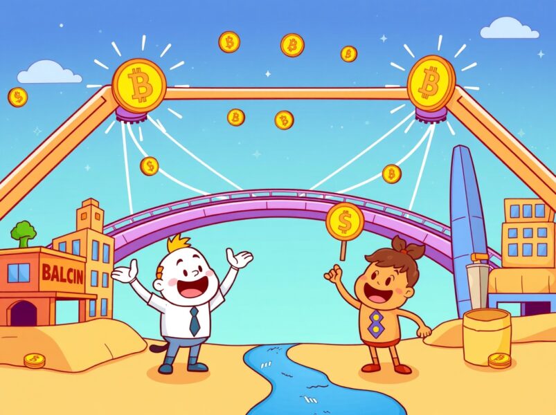 Plume blockchain connecting digital tokens to real-world assets in a vibrant cartoon illustration