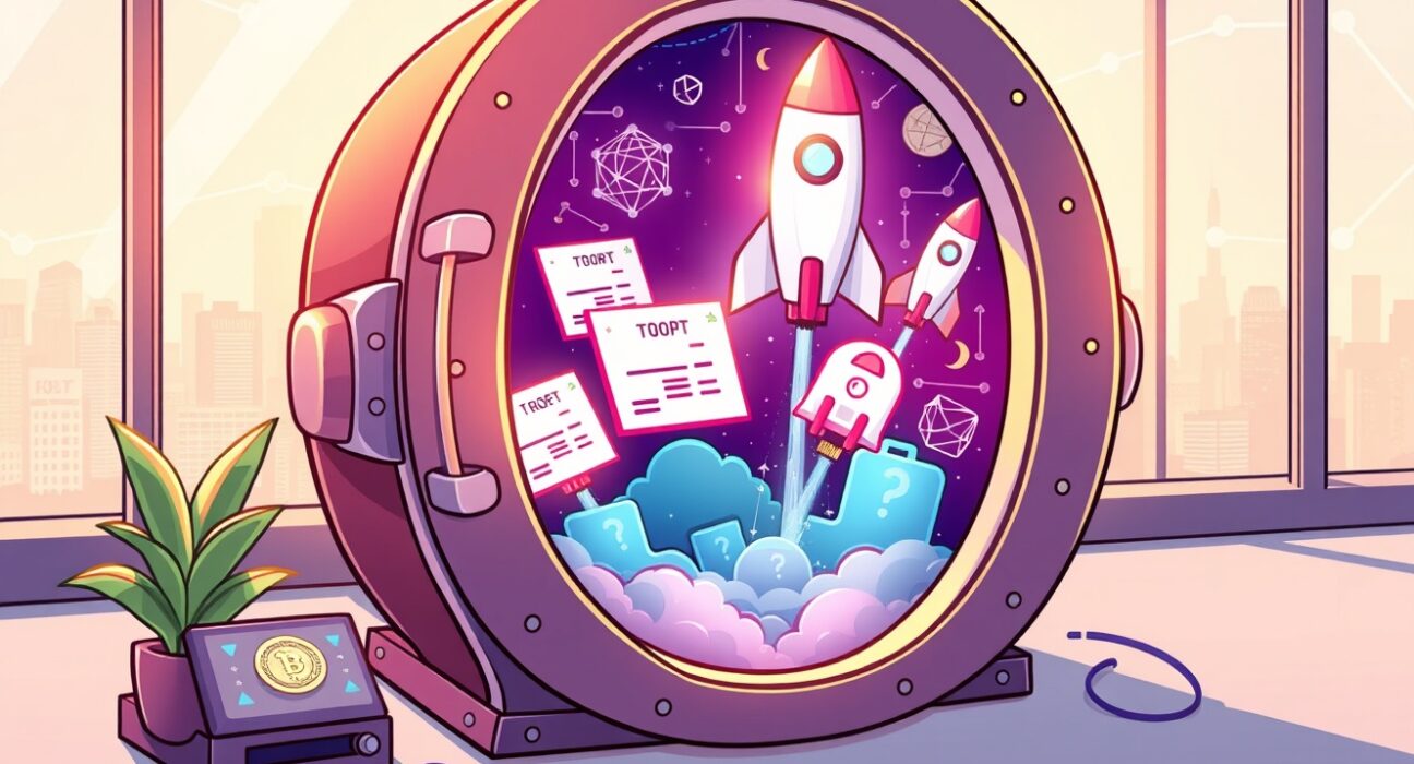 Vibrant cartoon of blockchain unlocking exclusive on-chain pre-IPO assets for investors in a digital vault.